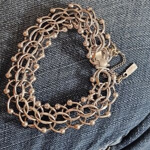 MONET-BEAUTIFUL WIDE LINK Starter CHARM BRACELET Silver Tone + safety chain~7"